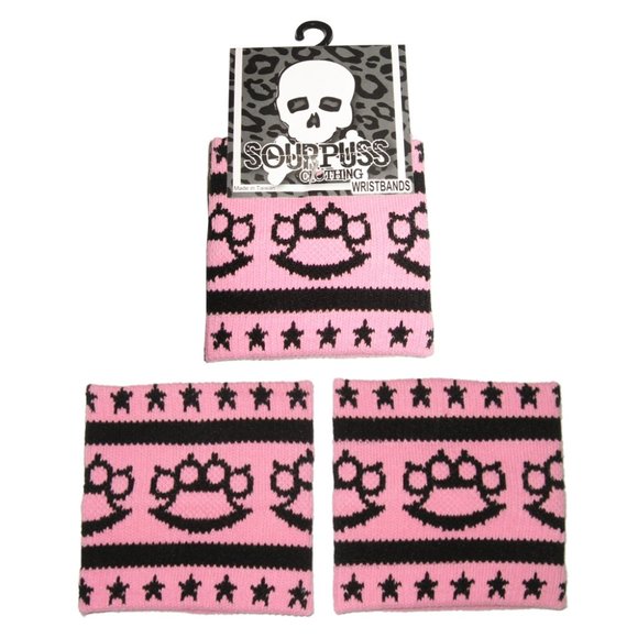 Wristbands - Black Brass Knuckles & Stars On Light Pink - Picture 2 of 2